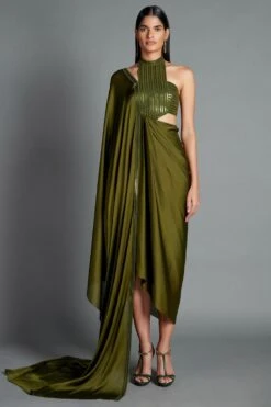 Amit Aggarwal Olive Green Halter Neck Draped Dress