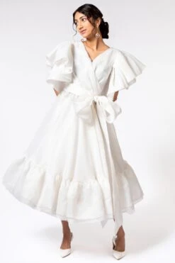 Gauri & Nainika Bubble Sleeves Ivory Wrap Dress