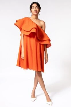 Gauri & Nainika Orange One Shoulder Ruffle Dress
