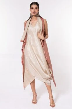 Bodhi Tree Ivory Silk Zari Cowl Drape Dress With Jacket