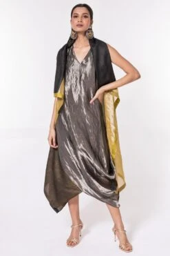 Bodhi Tree Silk Zari Cowl Drape Dress With Jacket