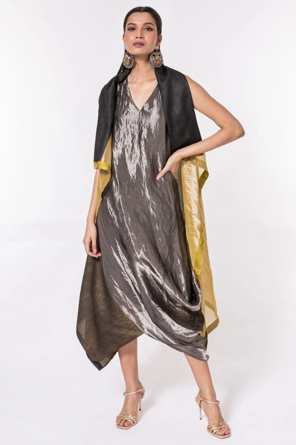 Bodhi Tree Silk Zari Cowl Drape Dress With Jacket 3 Bodhi Tree Silk Zari Cowl Drape Dress With Jacket