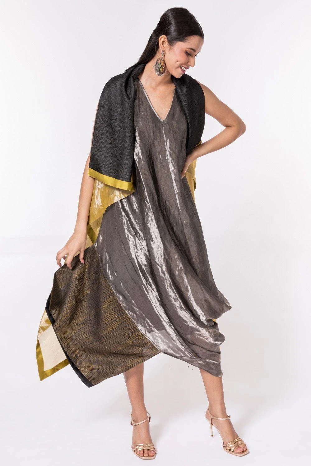 Bodhi Tree Silk Zari Cowl Drape Dress With Jacket 4 Bodhi Tree Silk Zari Cowl Drape Dress With Jacket - Image 2