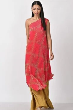 Kiran Uttam Ghosh Fuchsia Pleated One Shoulder Dress