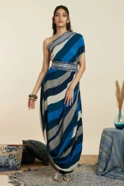 SVA Blue-Hued Stripe Print One-Shoulder Cowl Dress -Echoo Clothing Shop 181123sva90 5