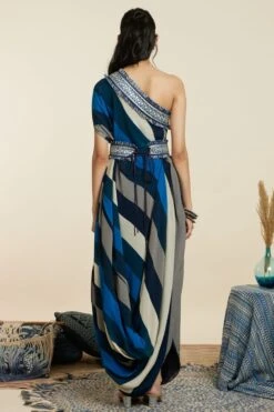 SVA Blue-Hued Stripe Print One-Shoulder Cowl Dress -Echoo Clothing Shop 181123sva90 7