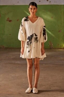 Khara Kapas Off White Art Printed Dress