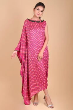 Fuchsia Pink One Shoulder Bandhni Kaftan Dress