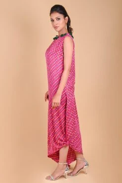 Fuchsia Pink One Shoulder Bandhni Kaftan Dress -Echoo Clothing Shop 1slknot1 3