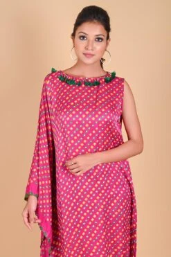 Fuchsia Pink One Shoulder Bandhni Kaftan Dress -Echoo Clothing Shop 1slknot1 4