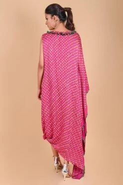 Fuchsia Pink One Shoulder Bandhni Kaftan Dress -Echoo Clothing Shop 1slknot1 5