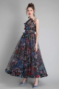 Gauri & Nainika One Shoulder Midi Dress With Frill Detailing