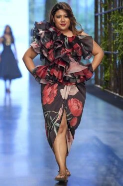 Gauri & Nainika Pink & Red Floating Peony One Shoulder Dress