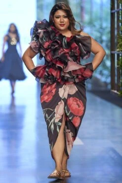 Gauri & Nainika Pink & Red Floating Peony One Shoulder Dress -Echoo Clothing Shop 2311gn24 3