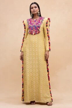 Payal Singhal Yellow Embroidered Dress With Multicolour Tassels