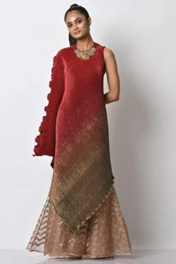 Kiran Uttam Ghosh Red Ombre Pleated Draped Dress