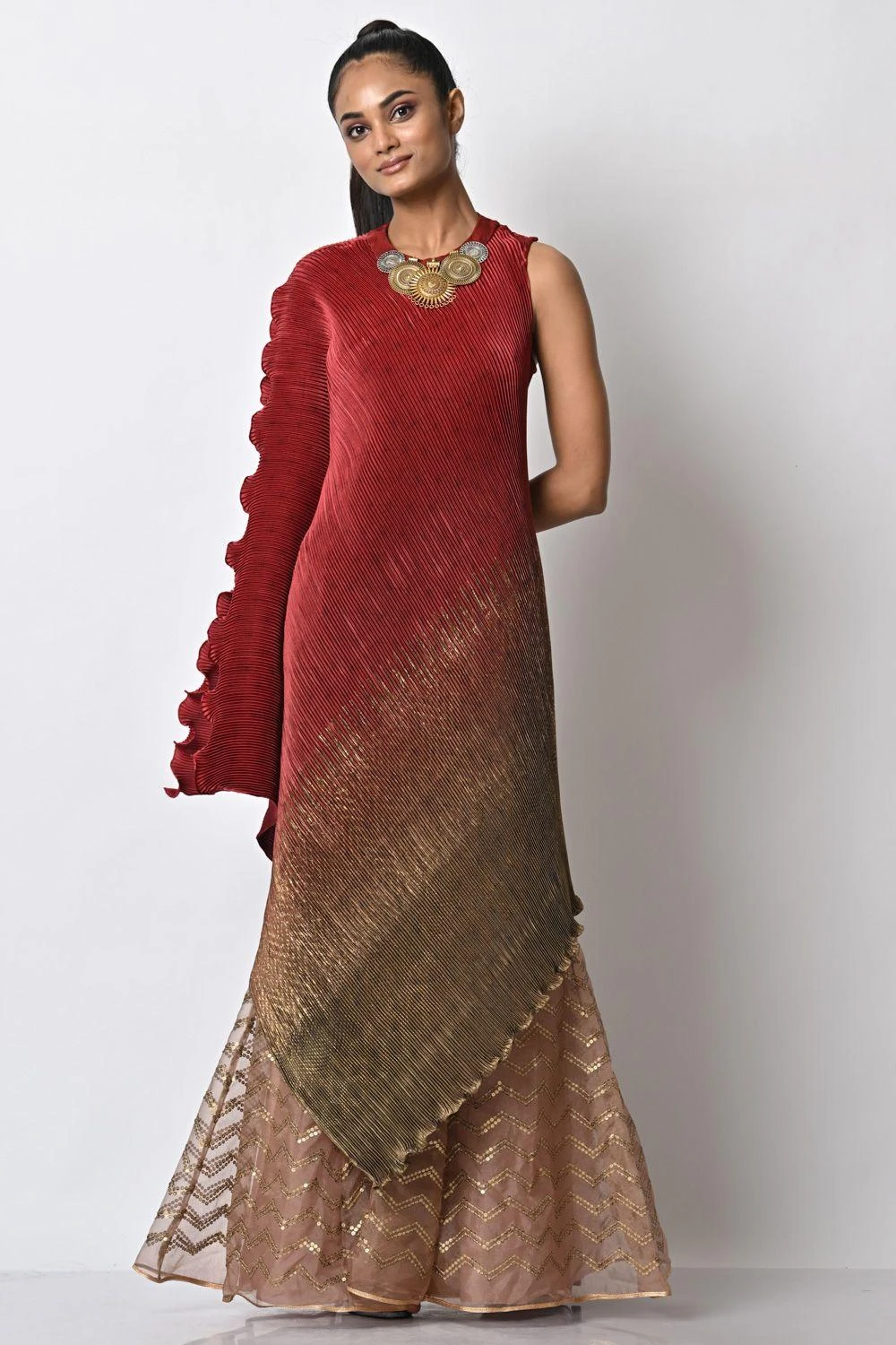 Kiran Uttam Ghosh Red Ombre Pleated Draped Dress 3 Kiran Uttam Ghosh Red Ombre Pleated Draped Dress