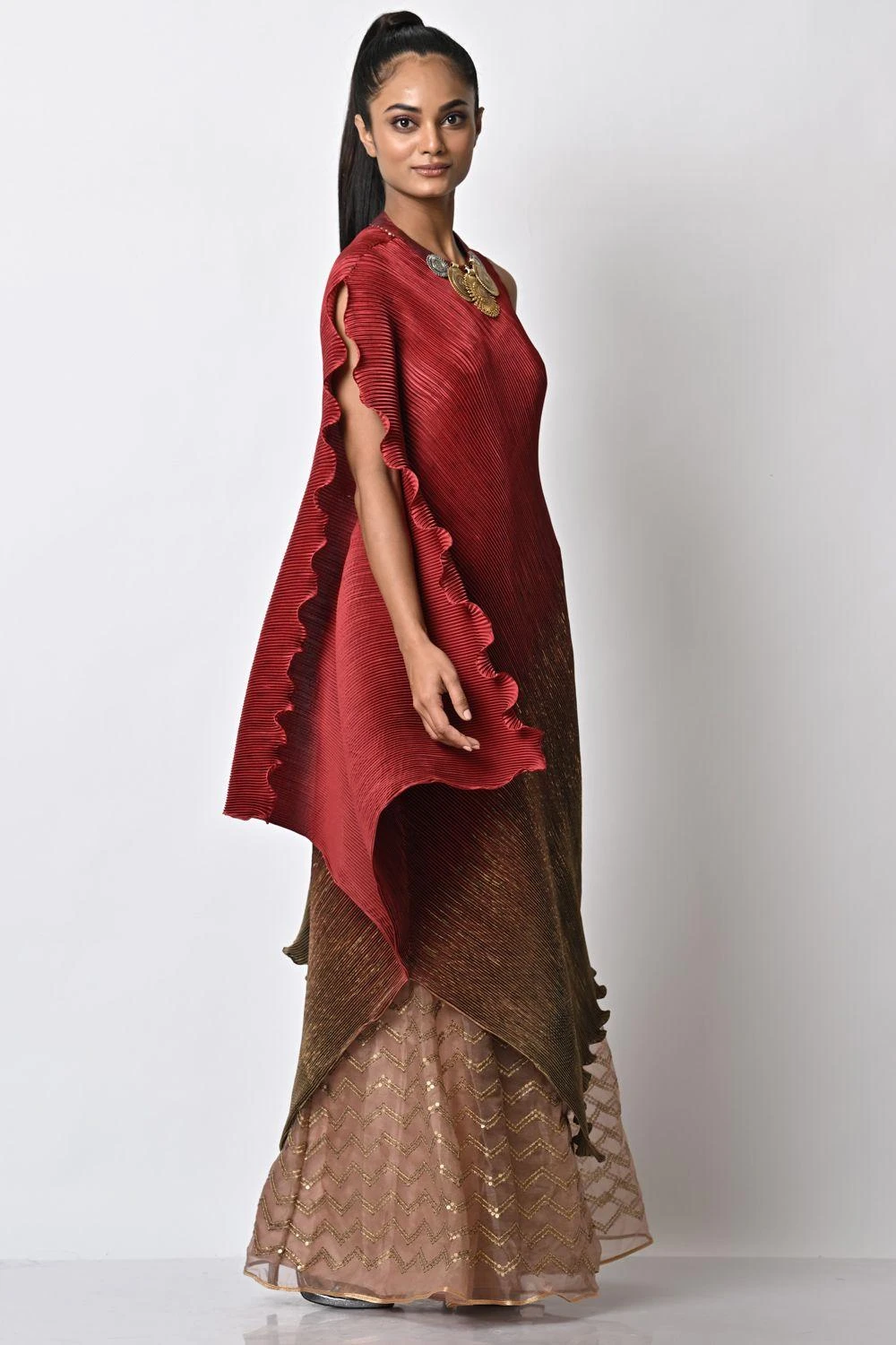 Kiran Uttam Ghosh Red Ombre Pleated Draped Dress 4 Kiran Uttam Ghosh Red Ombre Pleated Draped Dress - Image 2