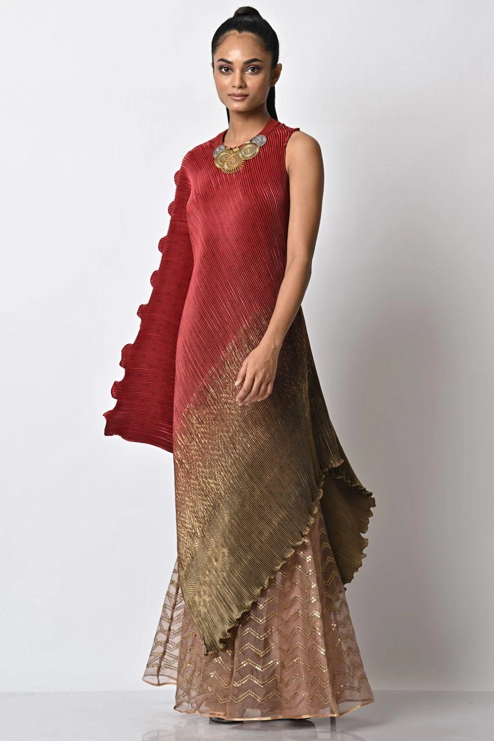 Kiran Uttam Ghosh Red Ombre Pleated Draped Dress 5 Kiran Uttam Ghosh Red Ombre Pleated Draped Dress - Image 3