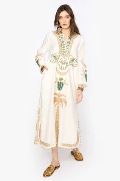 Heirloom By Rara Avis Off White Hamsa Embroidered Column Dress
