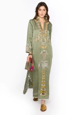 Heirloom By Rara Avis Sage Green Hamsa Embroidered Column Dress