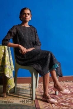 Indigene Black & Teal Pintucked Dress