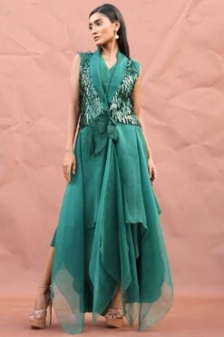 Richa Khemka Green Tassel Wrap Jacket & Dress