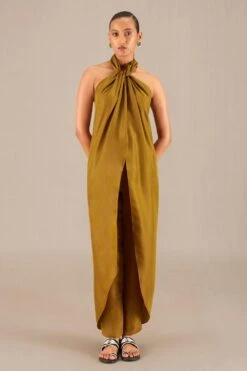 AMPM Ezra Earthy Brown Silk Dress Top-pant Set