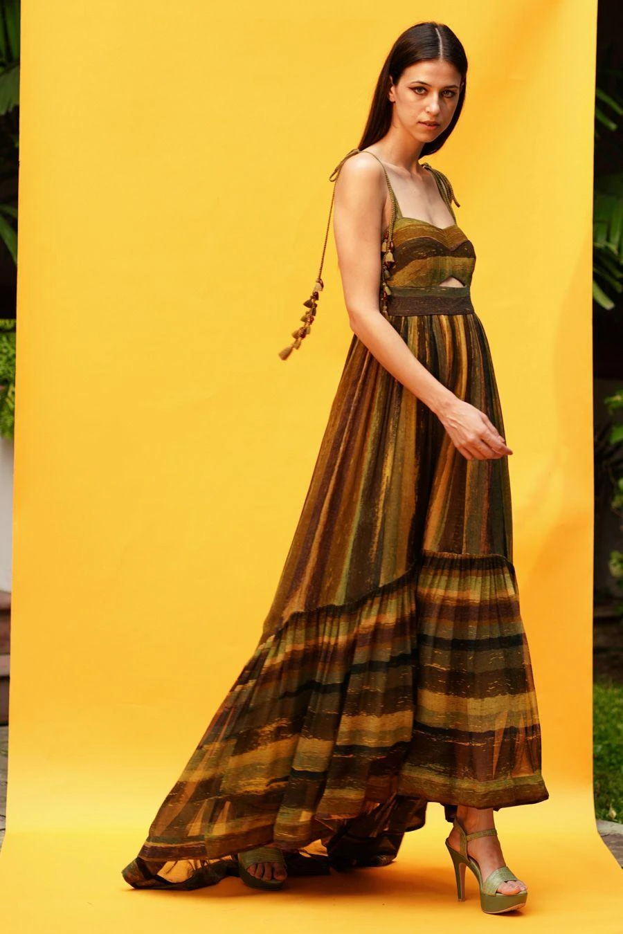 Nikita Mhaisalkar Green Stripe Print Cutout High Low Dress 4 Nikita Mhaisalkar Green Stripe Print Cutout High Low Dress - Image 2