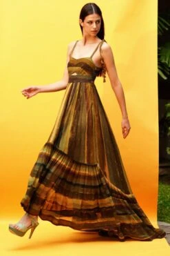 Nikita Mhaisalkar Green Stripe Print Cutout High Low Dress 9 Nikita Mhaisalkar Green Stripe Print Cutout High Low Dress -Echoo Clothing Shop 2710nm58 3