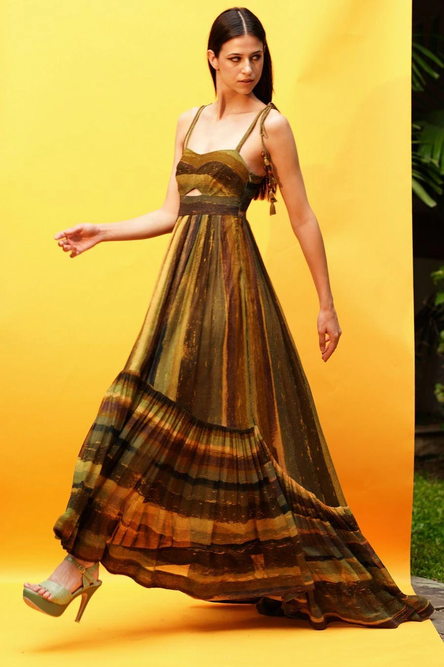 Nikita Mhaisalkar Green Stripe Print Cutout High Low Dress 5 Nikita Mhaisalkar Green Stripe Print Cutout High Low Dress - Image 3