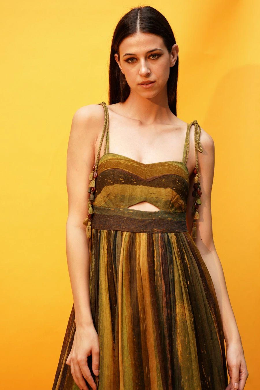 Nikita Mhaisalkar Green Stripe Print Cutout High Low Dress 6 Nikita Mhaisalkar Green Stripe Print Cutout High Low Dress - Image 4