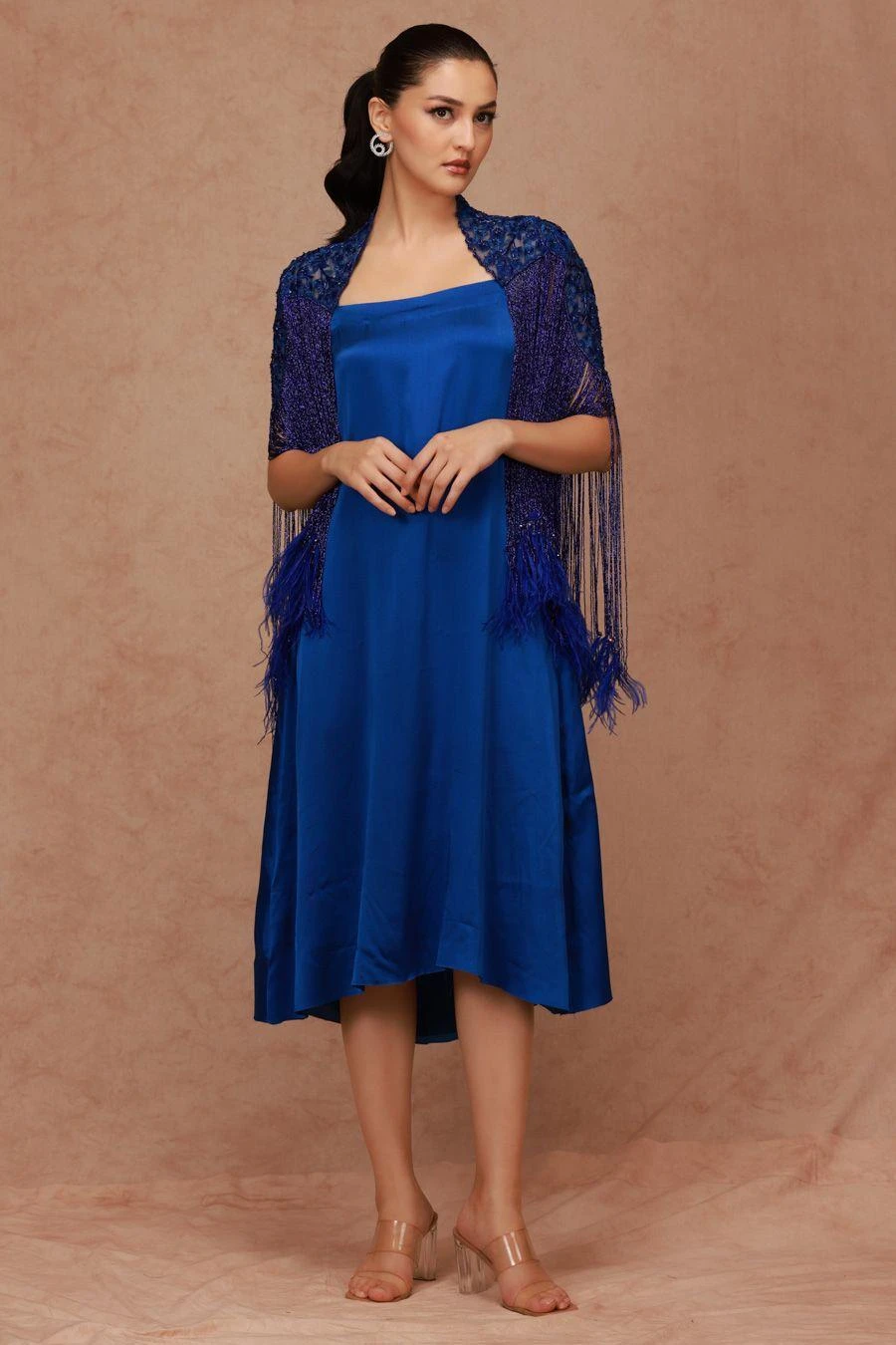 Shriya Som Blue Embellished Feather Cape & Slip Dress 3 Shriya Som Blue Embellished Feather Cape & Slip Dress
