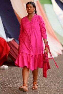 Bodice Hot Pink Dress With Ruched Sleeves