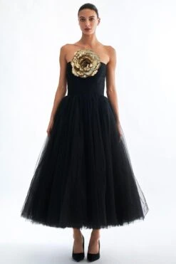 Gauri & Nainika Black Strapless Fluted Draped Dress