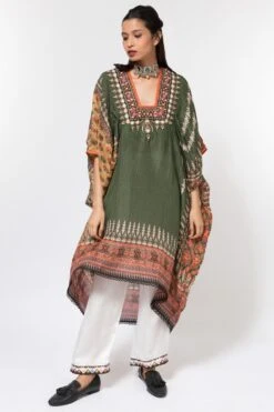 Rajdeep Ranawat Olive Green Printed Silk Dress
