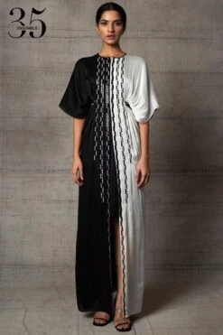 Amit Aggarwal Black & White Handwoven Kaftan Dress