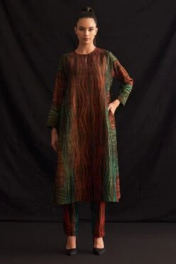 Amrich Ava Red & Green Hand-Woven Shibori Tunic Dress