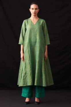 Amrich Fiza Green Hand-Woven Metallic Stripe Dress