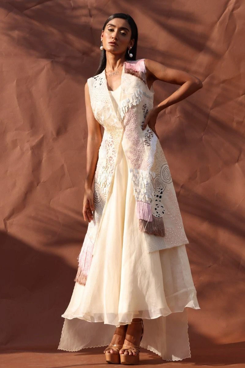 Richa Khemka Ivory Tassel Forrest Jacket And Midi Dress 4 Richa Khemka Ivory Tassel Forrest Jacket And Midi Dress - Image 2