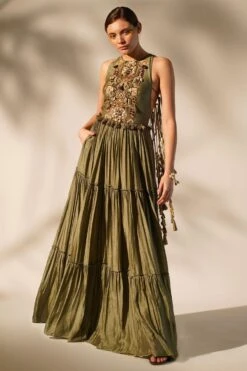 Nikita Mhaisalkar Olive Green Hand Done Maxi Dress
