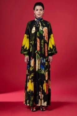 Siddhartha Bansal Floral Twilight Tiered Dress With Front Bow-tie