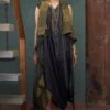 Bodhi Tree Olive Green Cowl Dress With A Striped Jacket