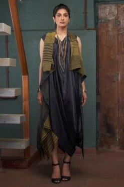 Bodhi Tree Olive Green Cowl Dress With A Striped Jacket
