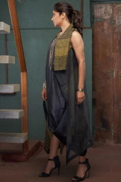 Bodhi Tree Olive Green Cowl Dress With A Striped Jacket -Echoo Clothing Shop 62bt6 3