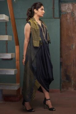 Bodhi Tree Olive Green Cowl Dress With A Striped Jacket -Echoo Clothing Shop 62bt6 4