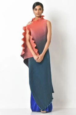 Kiran Uttam Ghosh Coral & Navy Ombre Draped Dress