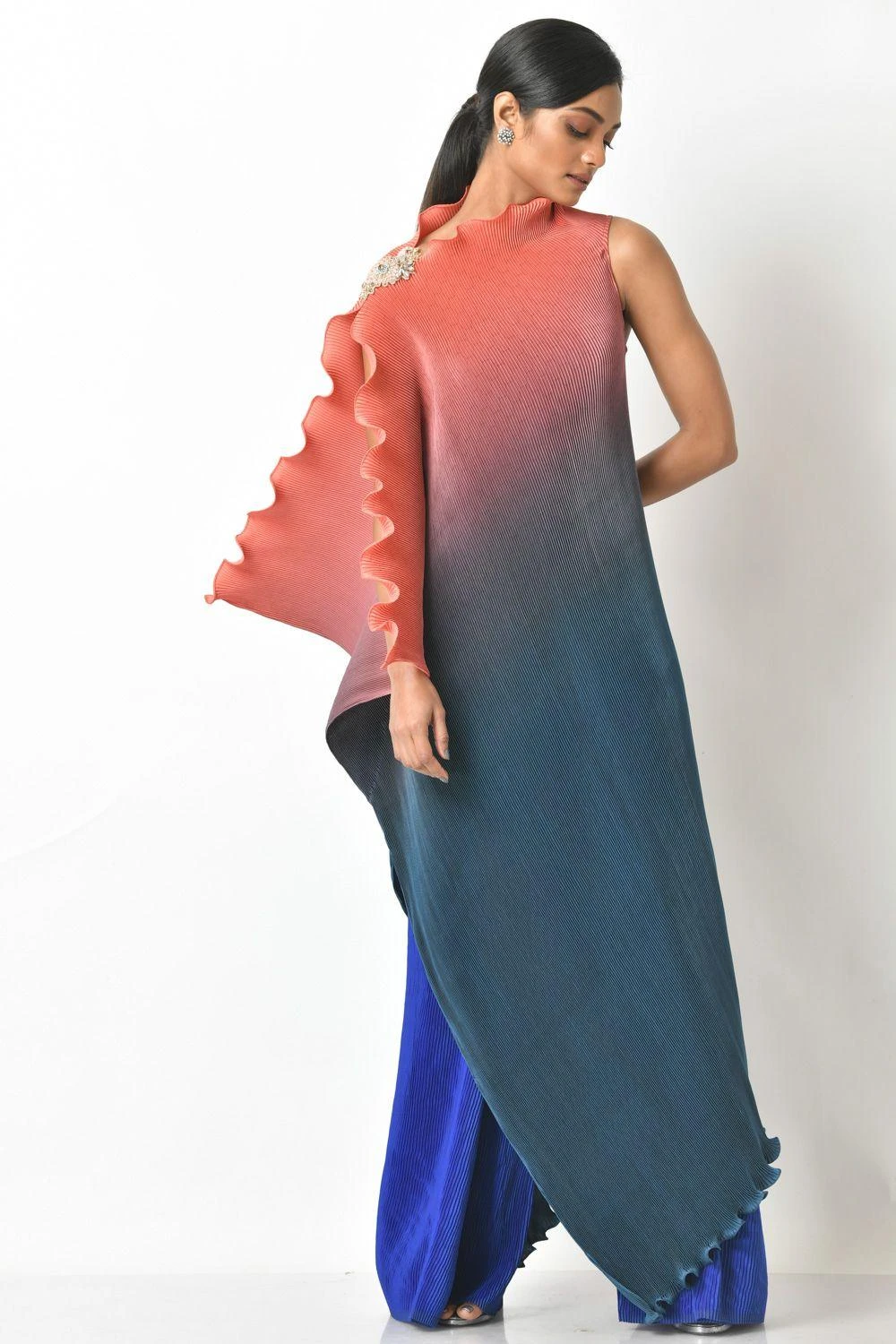 Kiran Uttam Ghosh Coral & Navy Ombre Draped Dress 4 Kiran Uttam Ghosh Coral & Navy Ombre Draped Dress - Image 2