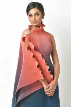 Kiran Uttam Ghosh Coral & Navy Ombre Draped Dress 8 Kiran Uttam Ghosh Coral & Navy Ombre Draped Dress -Echoo Clothing Shop 64kug15 3