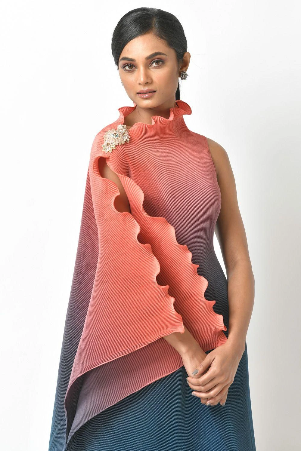 Kiran Uttam Ghosh Coral & Navy Ombre Draped Dress 5 Kiran Uttam Ghosh Coral & Navy Ombre Draped Dress - Image 3